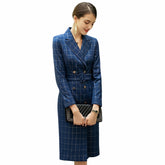 Elegant Navy Blue Pinstripes Double Breasted Shirt Dress - FashionByTeresa